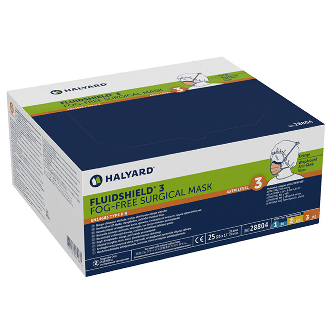 28804 Halyard® FluidShield® Level 3 Fog-Free Pleated Surgical Face Mask w/ Ties, So-Soft Lining and WrapAround Visor